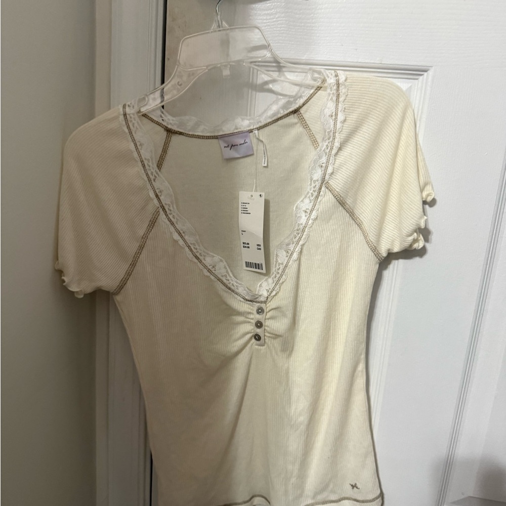 Urban Outfitters Cream Fitted Blouse with Ruched Short Sleeves